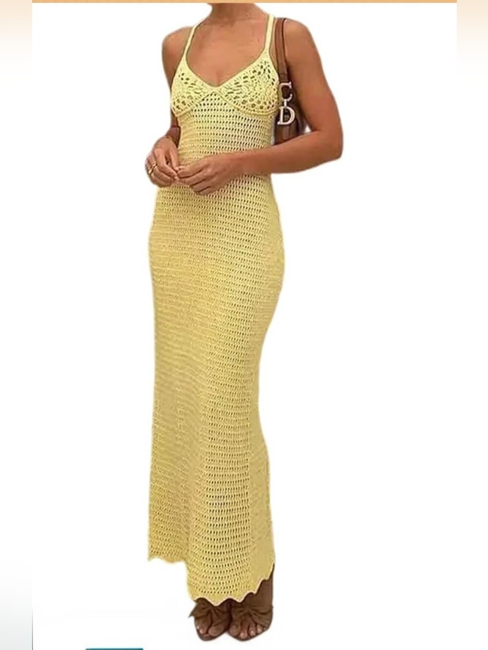NWOT‎ Yellow Crochet Knit Halter Maxi Dress Beach Cover Up Boho Small